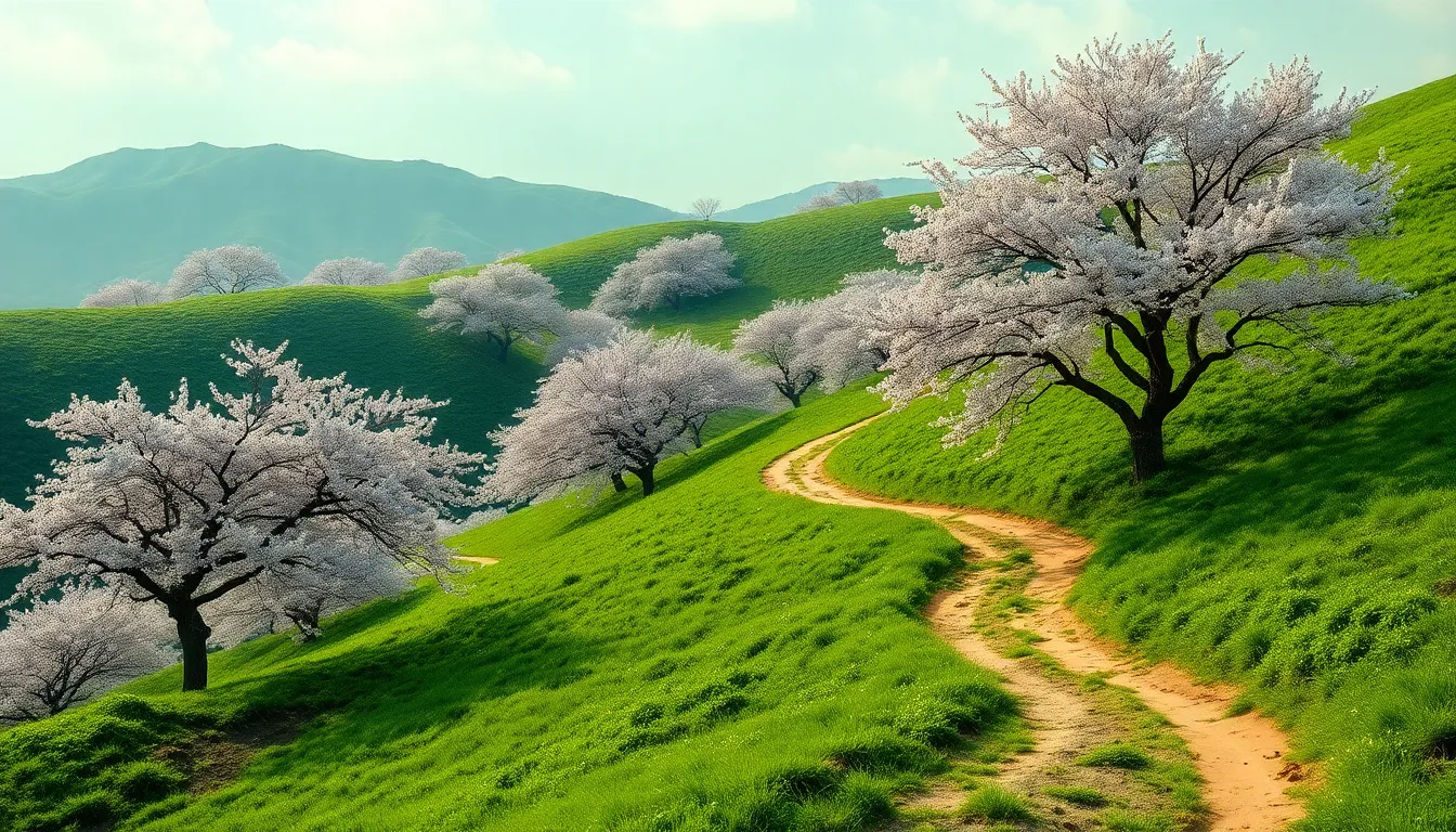 벚꽃이 아름다운 숨겨진 시골 마을 풍경