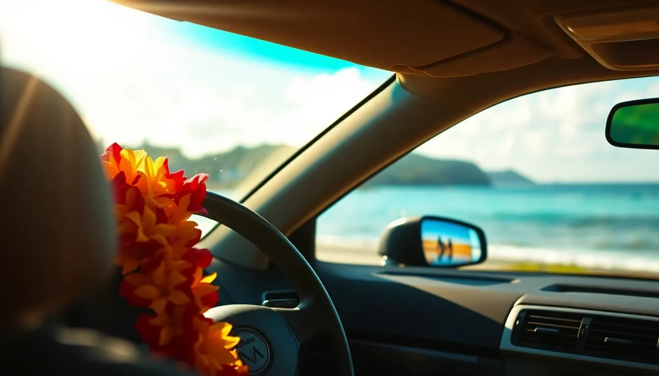 괌 해변을 배경으로 주차된 렌터카